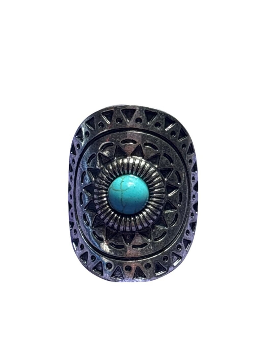 Round Silvertone Southwestern Adjustable Ring Faux Turquoise Cabochon Sun